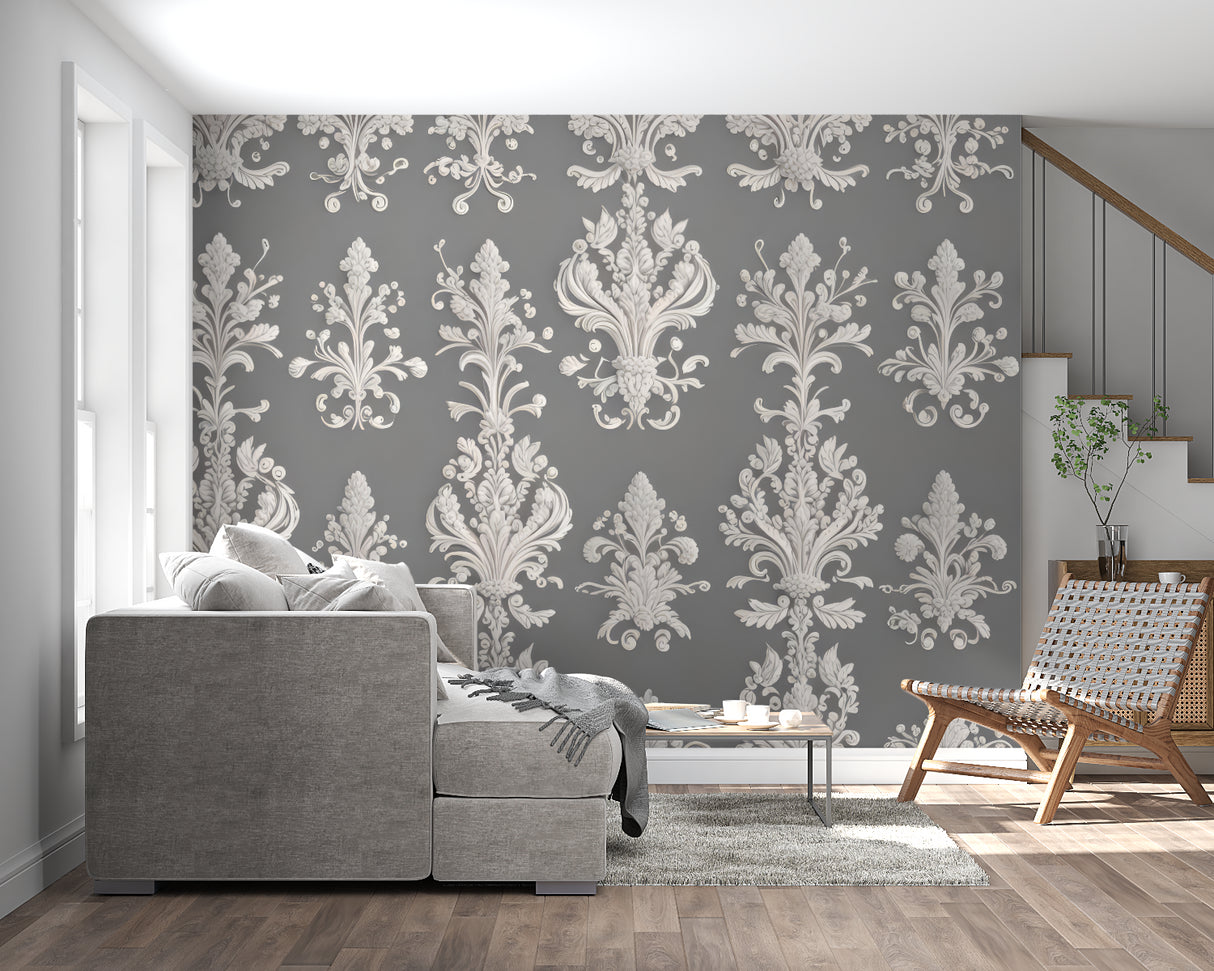 Damask wall mural showcasing pattern detail in hallway setting