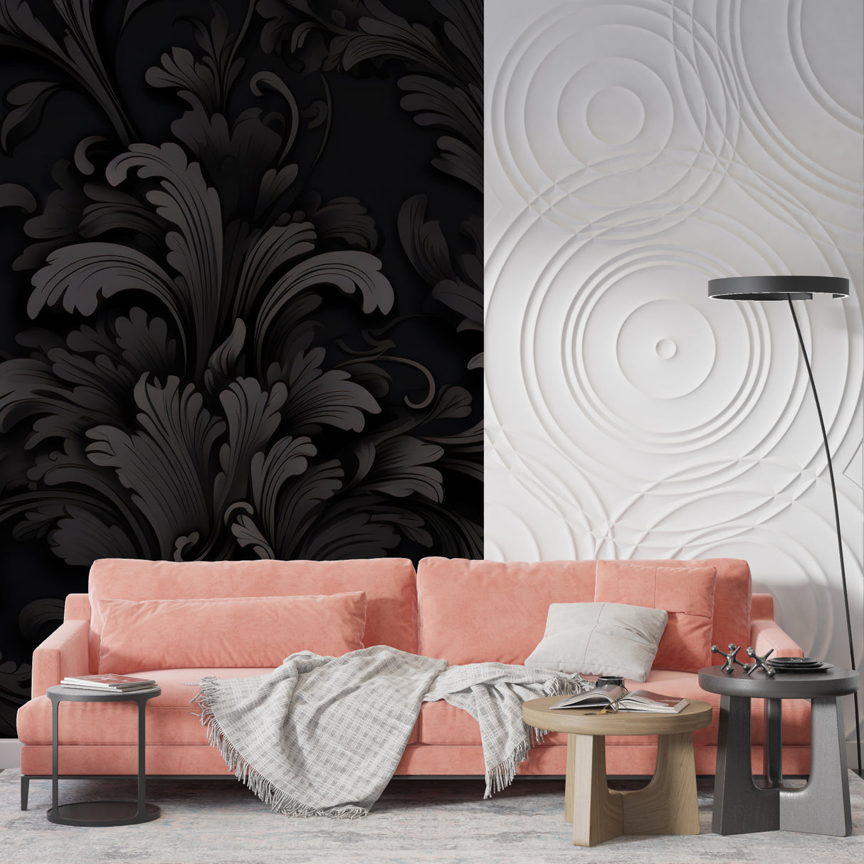 Elegant damask pattern enhancing home office with leather chair and brass desk lamp