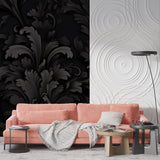 Elegant damask pattern enhancing home office with leather chair and brass desk lamp
