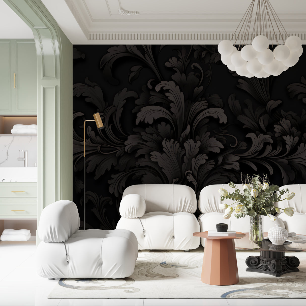 Classic black damask mural creating luxury feel in entryway with marble console table