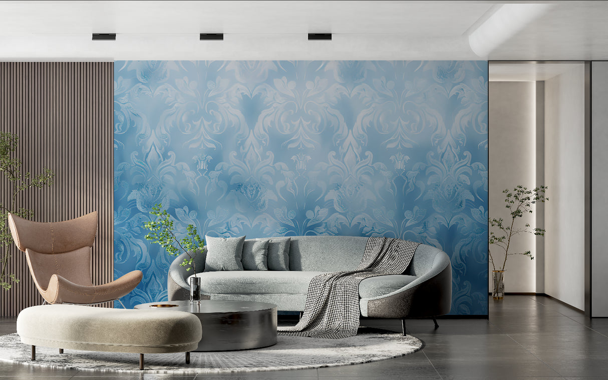 Blue damask wallpaper mural in modern living room with contemporary furniture