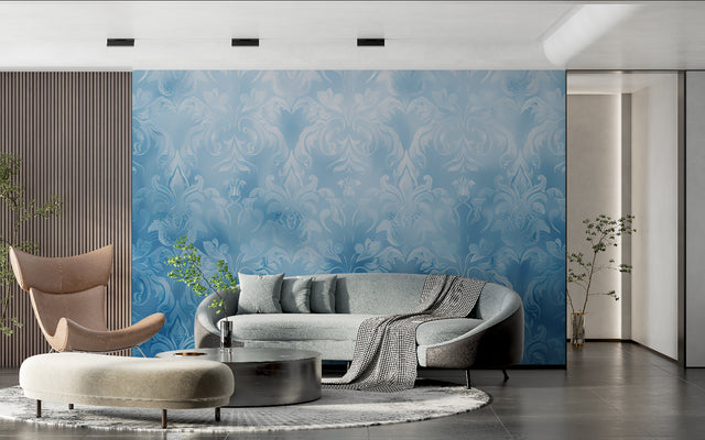 Blue damask wallpaper mural in modern living room with contemporary furniture