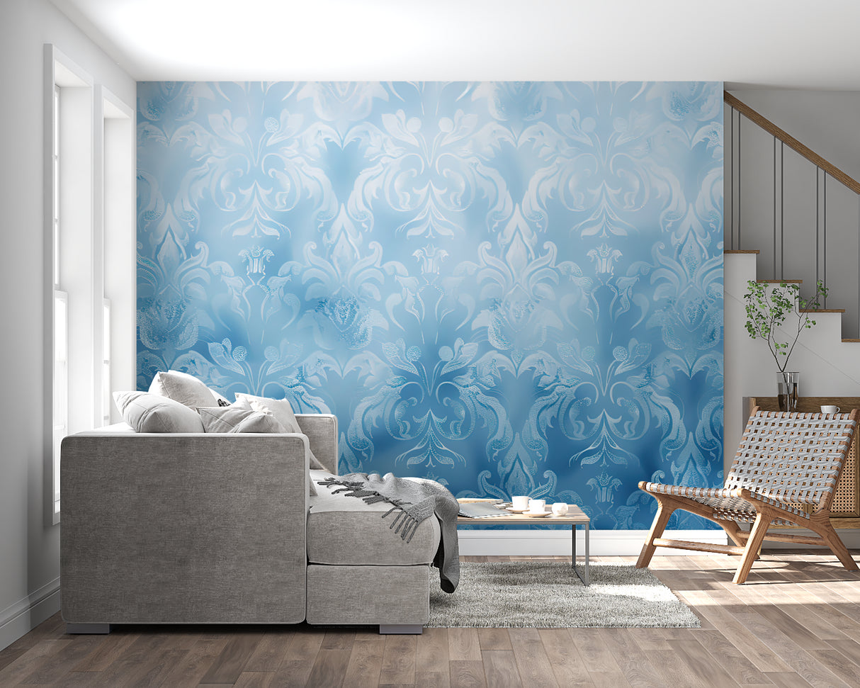 Elegant blue damask wall mural in master bedroom setting