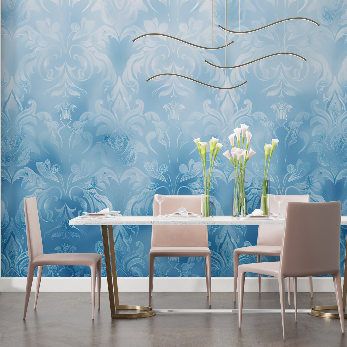 Damask pattern wallpaper creating focal point in dining room