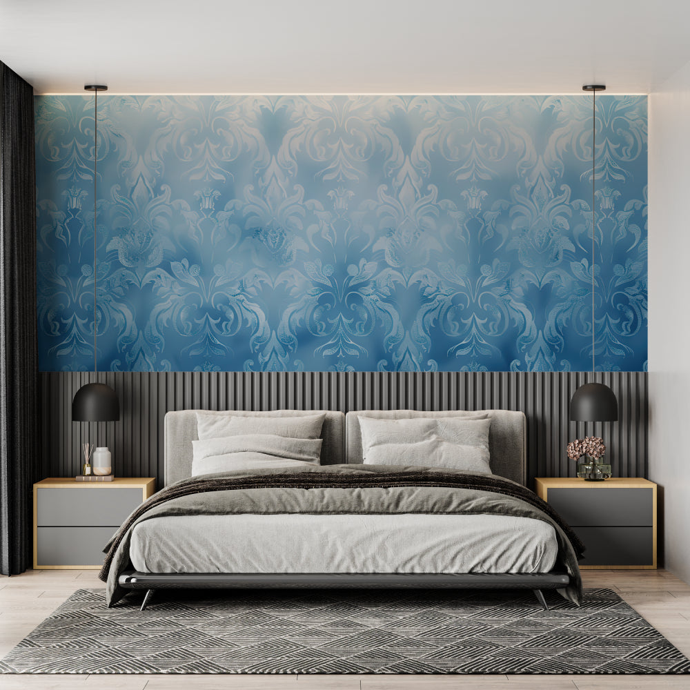 Blue and white damask mural in home office space