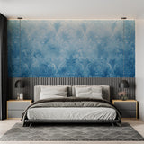 Blue and white damask mural in home office space