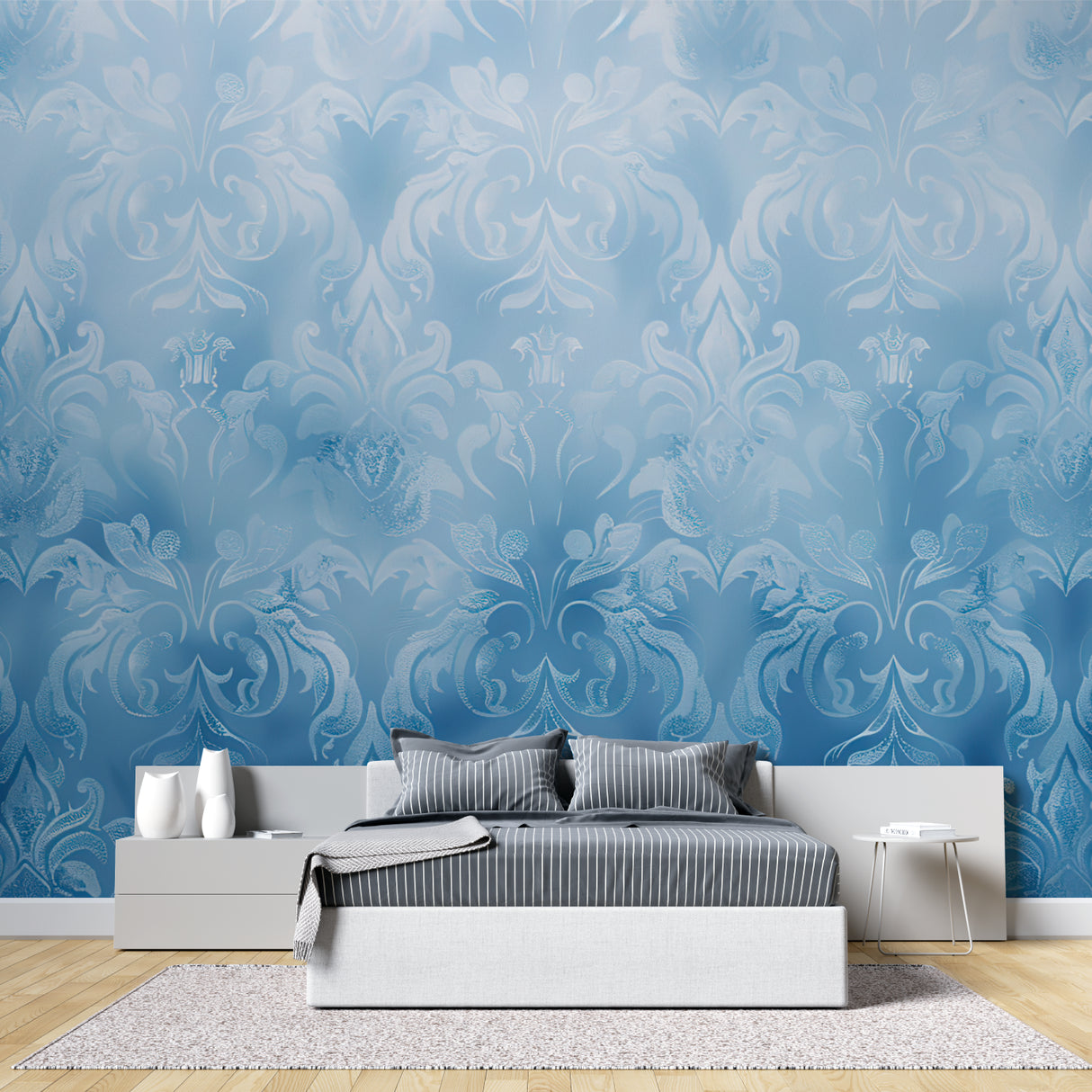Classic damask wallpaper detail in hallway setting