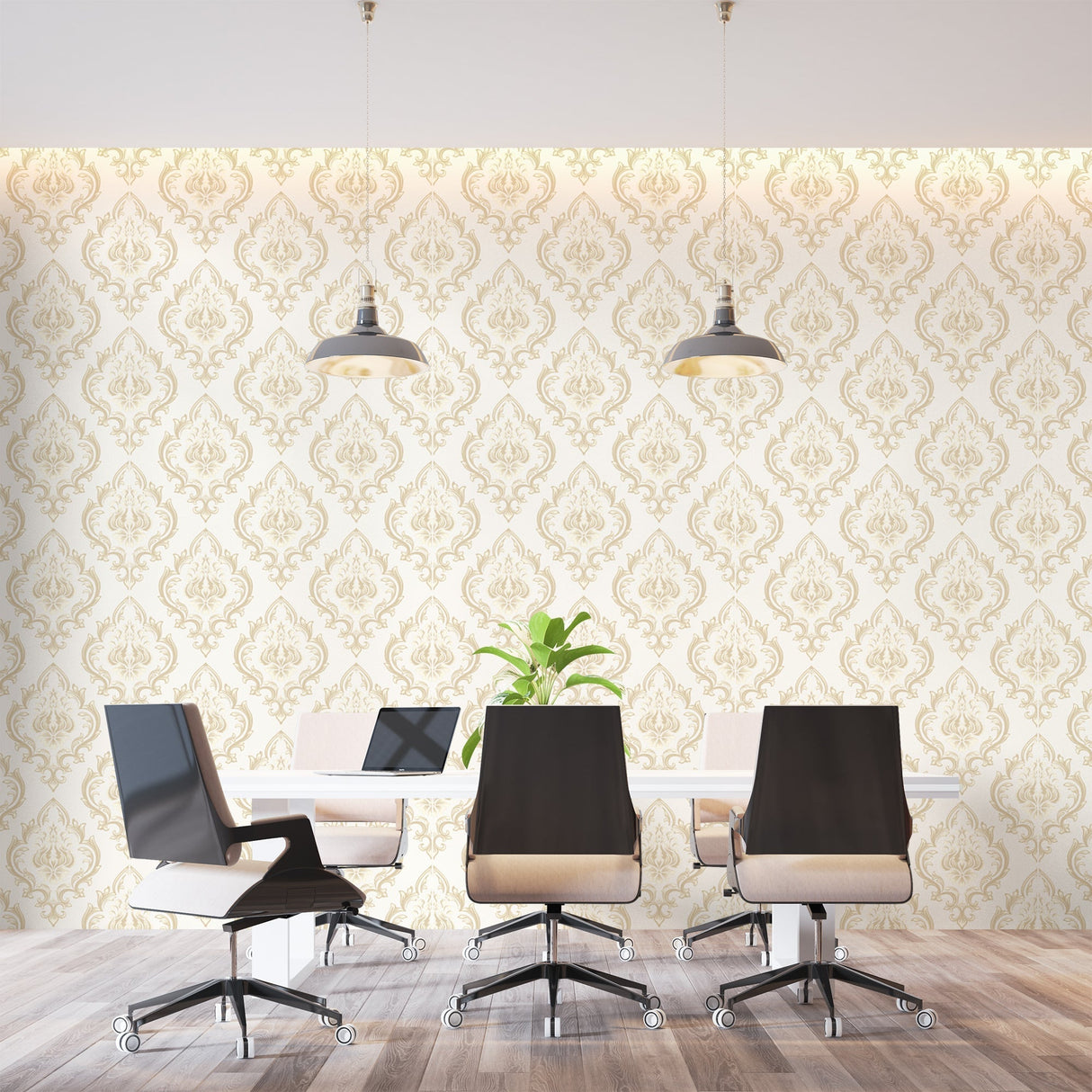 Elegant damask wall mural in formal dining room with crystal chandelier