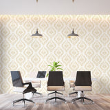 Elegant damask wall mural in formal dining room with crystal chandelier