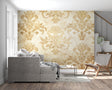 Gold Damask wallpaper in a bright dining room, showing how the pattern catches natural light