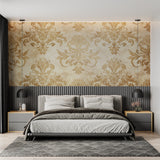 Baroque wallpaper pattern creating an elegant backdrop in a master bedroom