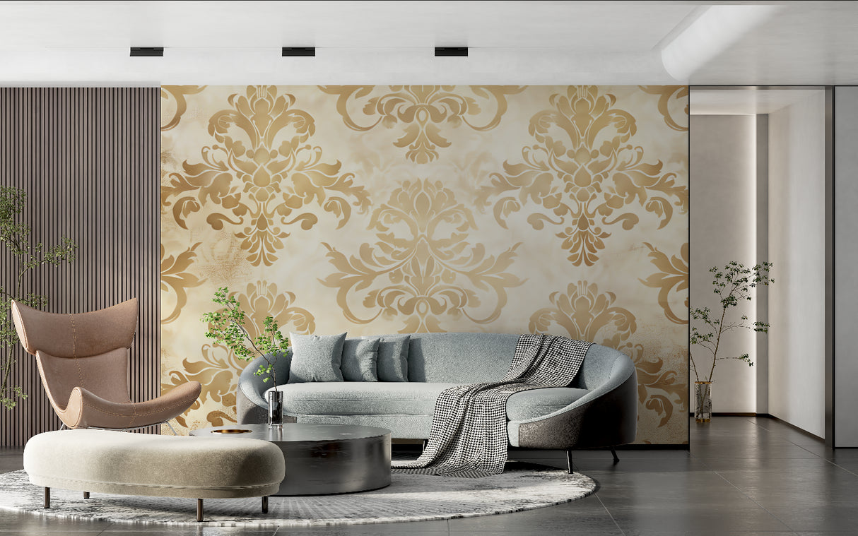 Damask pattern wallpaper showcased in a luxury hotel lobby setting