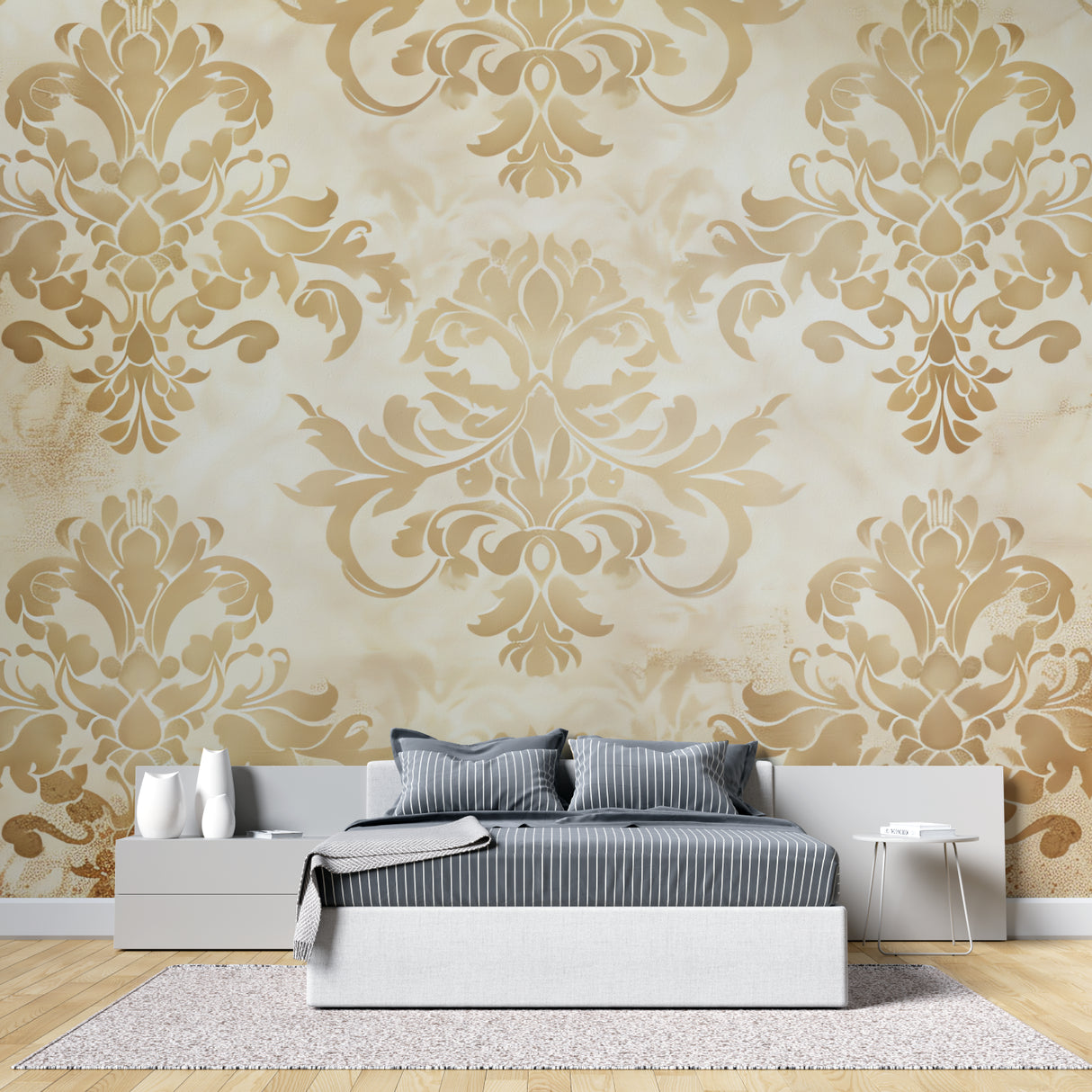 Close-up of baroque wallpaper highlighting the metallic gold details