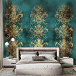 Gold and turquoise damask wallpaper in an elegant dining room with crystal chandelier and classic furniture