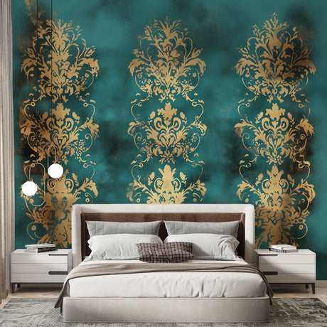 Gold and turquoise damask wallpaper in an elegant dining room with crystal chandelier and classic furniture