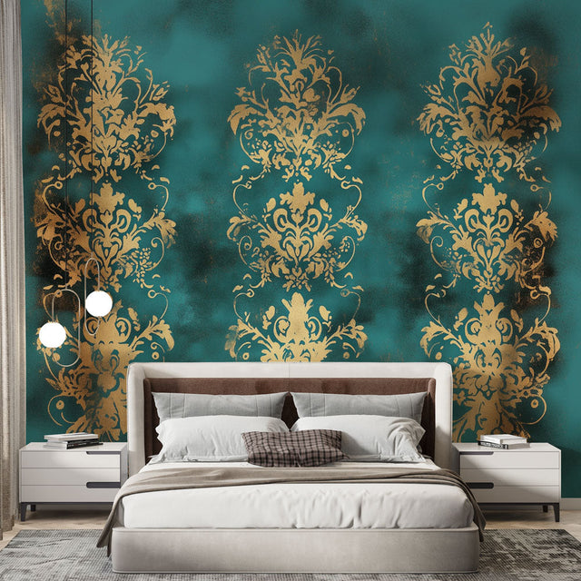 Gold and turquoise damask wallpaper in an elegant dining room with crystal chandelier and classic furniture