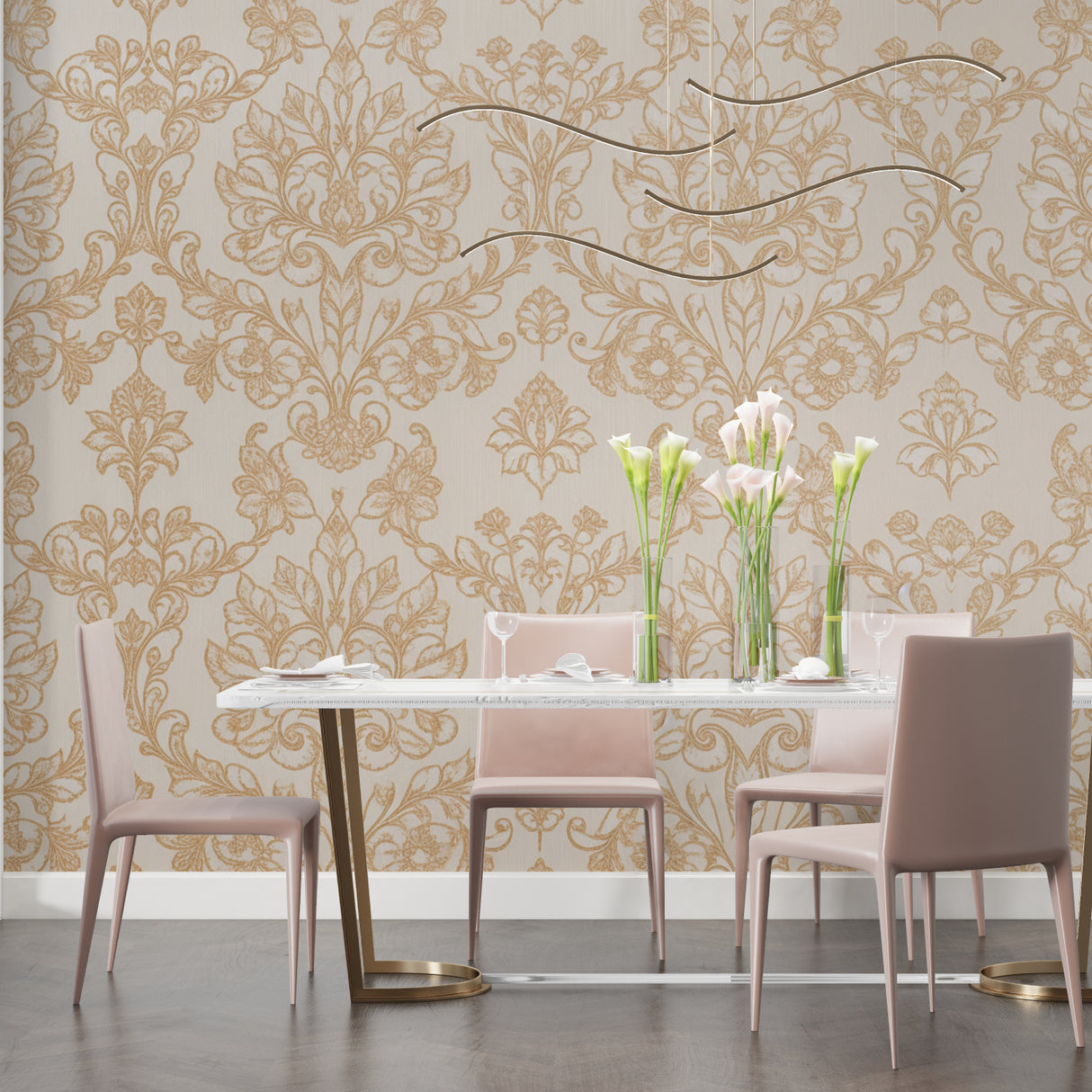 Gold Baroque wallpaper in modern living room with grey sofa and natural light