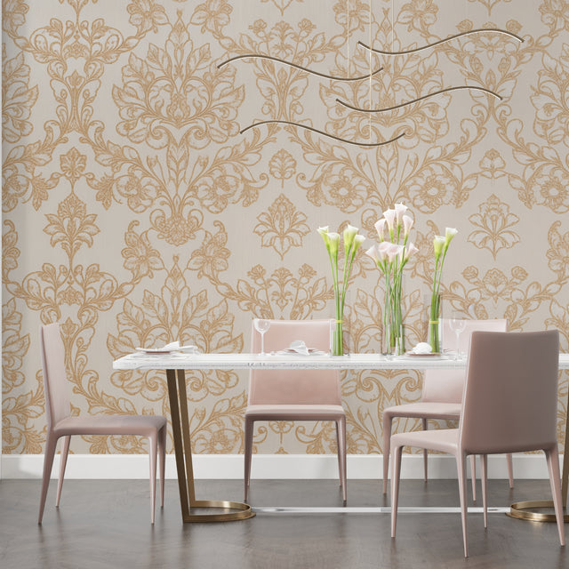 Gold Baroque wallpaper in modern living room with grey sofa and natural light