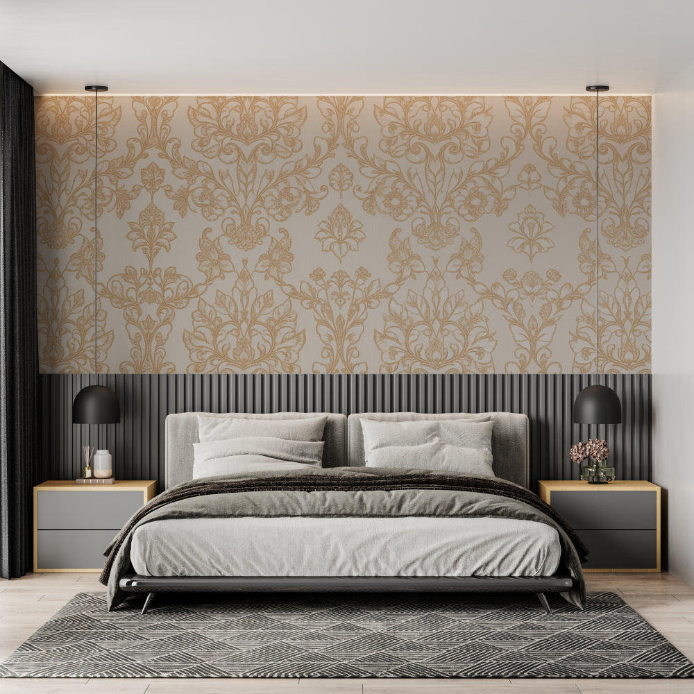 Elegant damask wallpaper pattern in master bedroom with luxury furniture