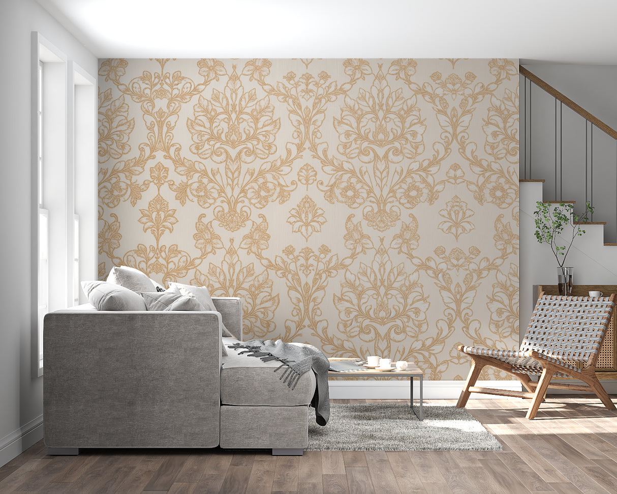 Gold baroque pattern wallpaper in dining room with crystal chandelier