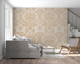 Gold baroque pattern wallpaper in dining room with crystal chandelier