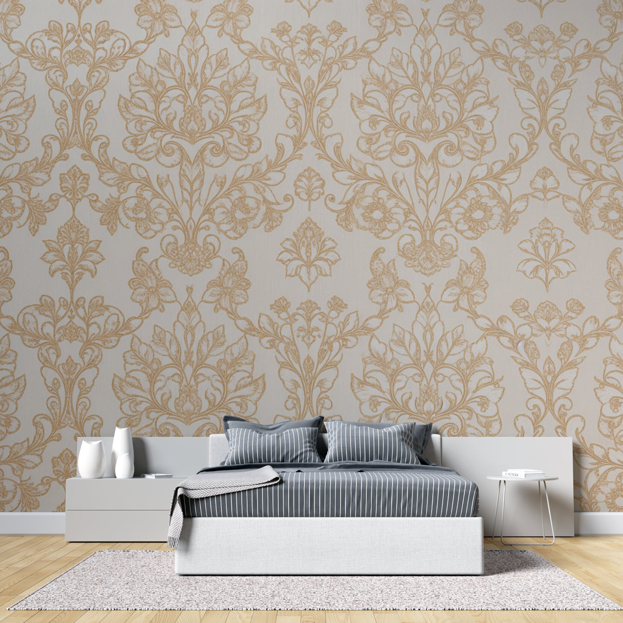 Damask wallpaper feature wall in home office with gold accents