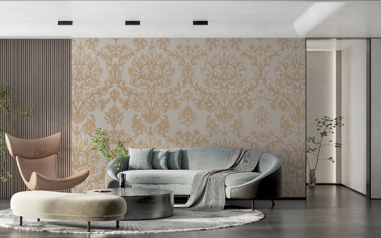 Baroque gold wallpaper in hotel lobby with modern furniture