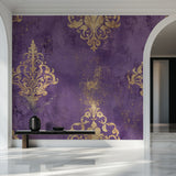 Luxury damask wall mural in master bedroom with gold accents
