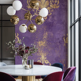 Victorian-style living room featuring purple damask wallpaper