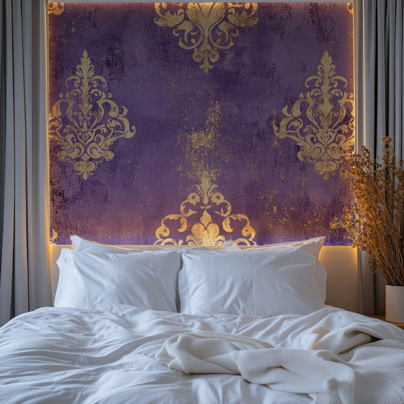 Baroque pattern wallpaper in home office with antique furniture
