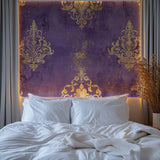 Baroque pattern wallpaper in home office with antique furniture