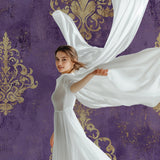 Purple and gold damask mural in boutique entryway