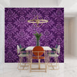 Purple damask wallpaper in elegant dining room with crystal chandelier and white trim