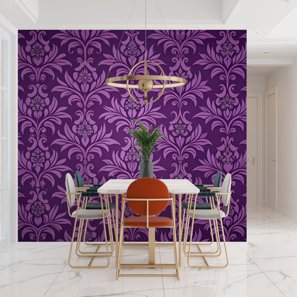 Purple damask wallpaper in elegant dining room with crystal chandelier and white trim