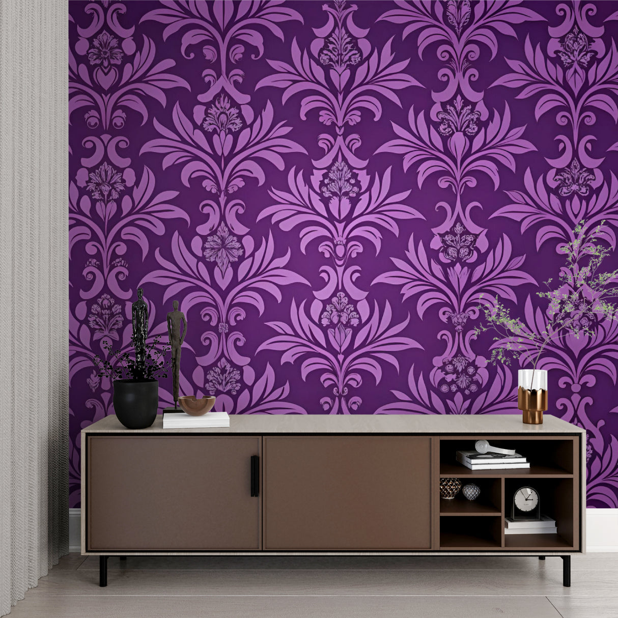 Master bedroom featuring royal purple damask wall mural behind modern bed setup