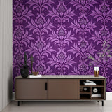 Master bedroom featuring royal purple damask wall mural behind modern bed setup