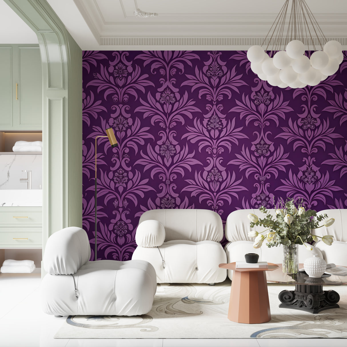 Living room accent wall with purple baroque pattern damask wallpaper
