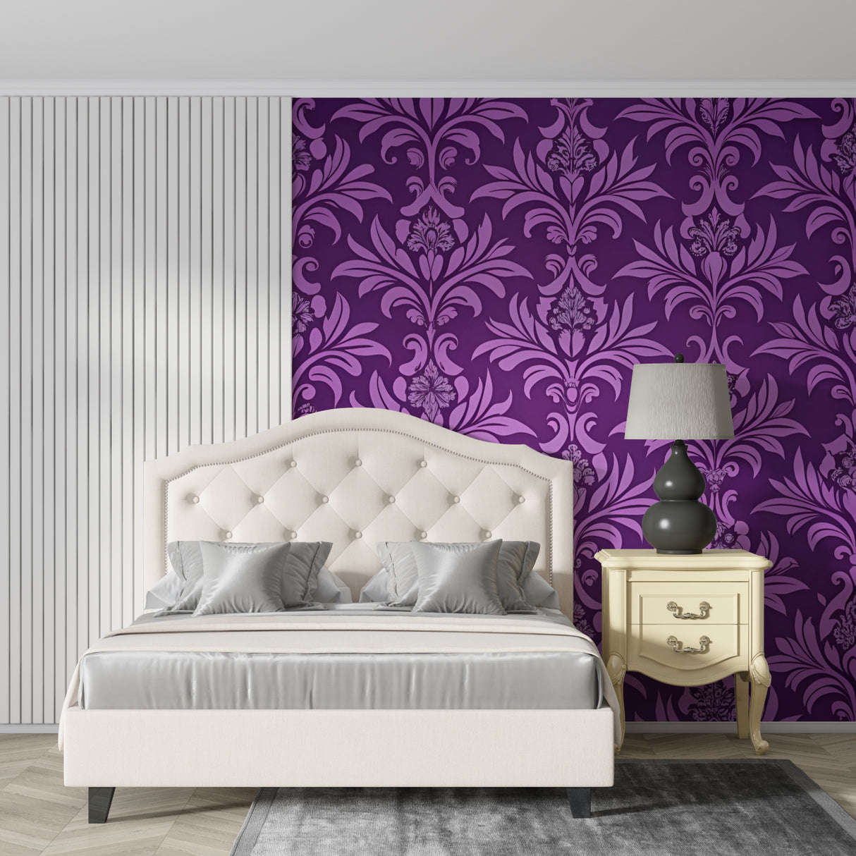 Home office space with purple damask wallpaper creating professional atmosphere