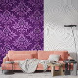 Hallway transformed with classic purple damask wall covering