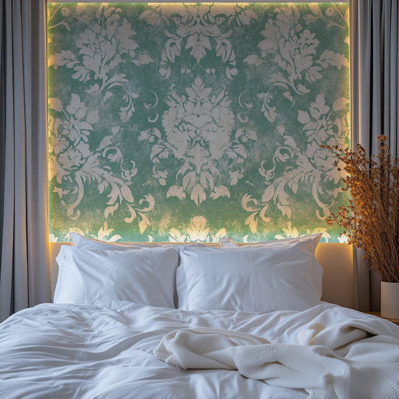 Green damask wallpaper in elegant dining room with crystal chandelier and white trim