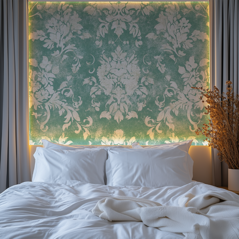 Green damask wallpaper in elegant dining room with crystal chandelier and white trim