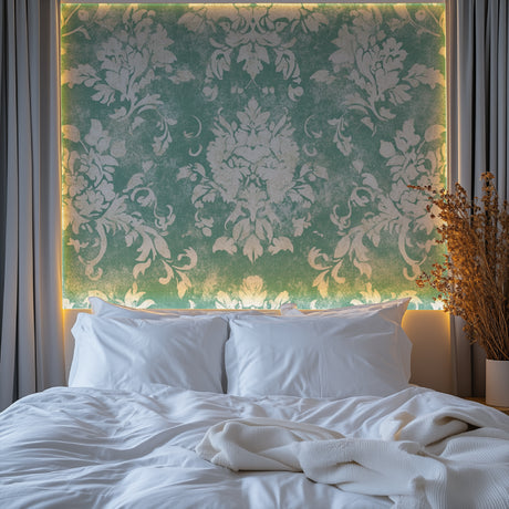 Green damask wallpaper in elegant dining room with crystal chandelier and white trim
