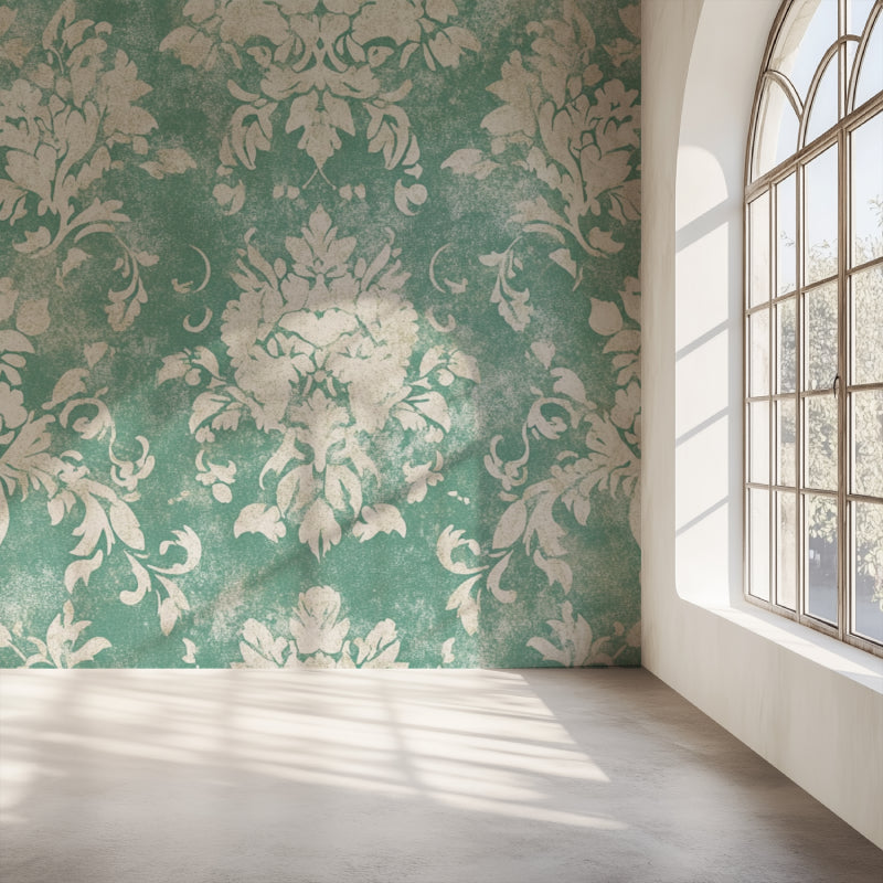 Green floral wallpaper creating luxurious atmosphere in home office