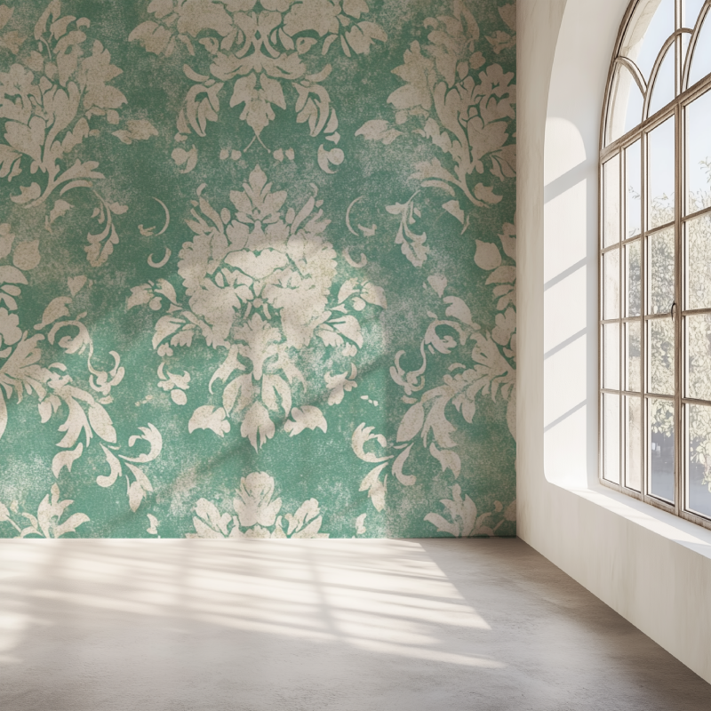 Green floral wallpaper creating luxurious atmosphere in home office
