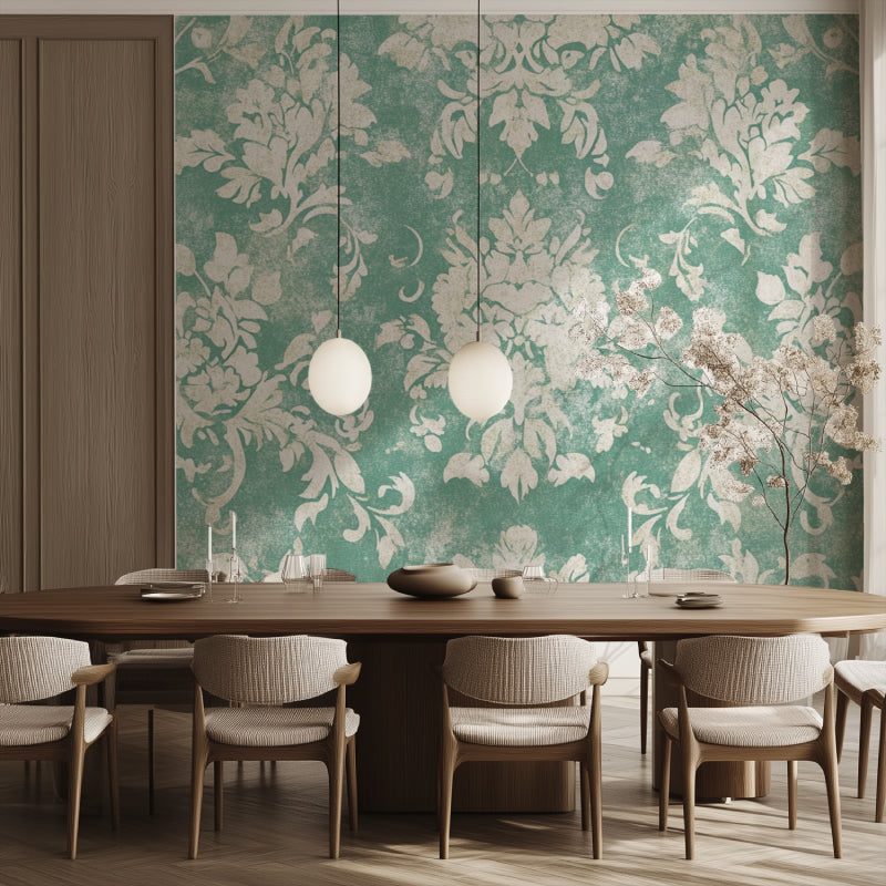 Damask pattern wallpaper making statement in modern living room