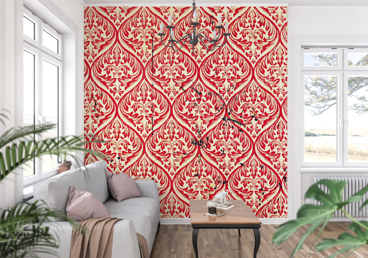 Red damask pattern wall mural in master bedroom creating luxurious atmosphere
