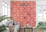 Red damask pattern wall mural in master bedroom creating luxurious atmosphere