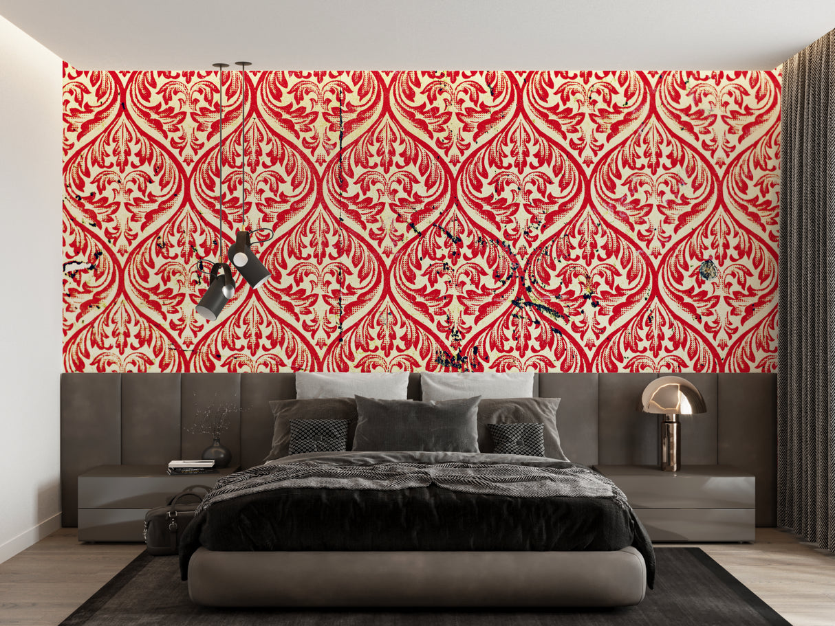 Vintage damask wallpaper enhancing formal living room with classic furniture