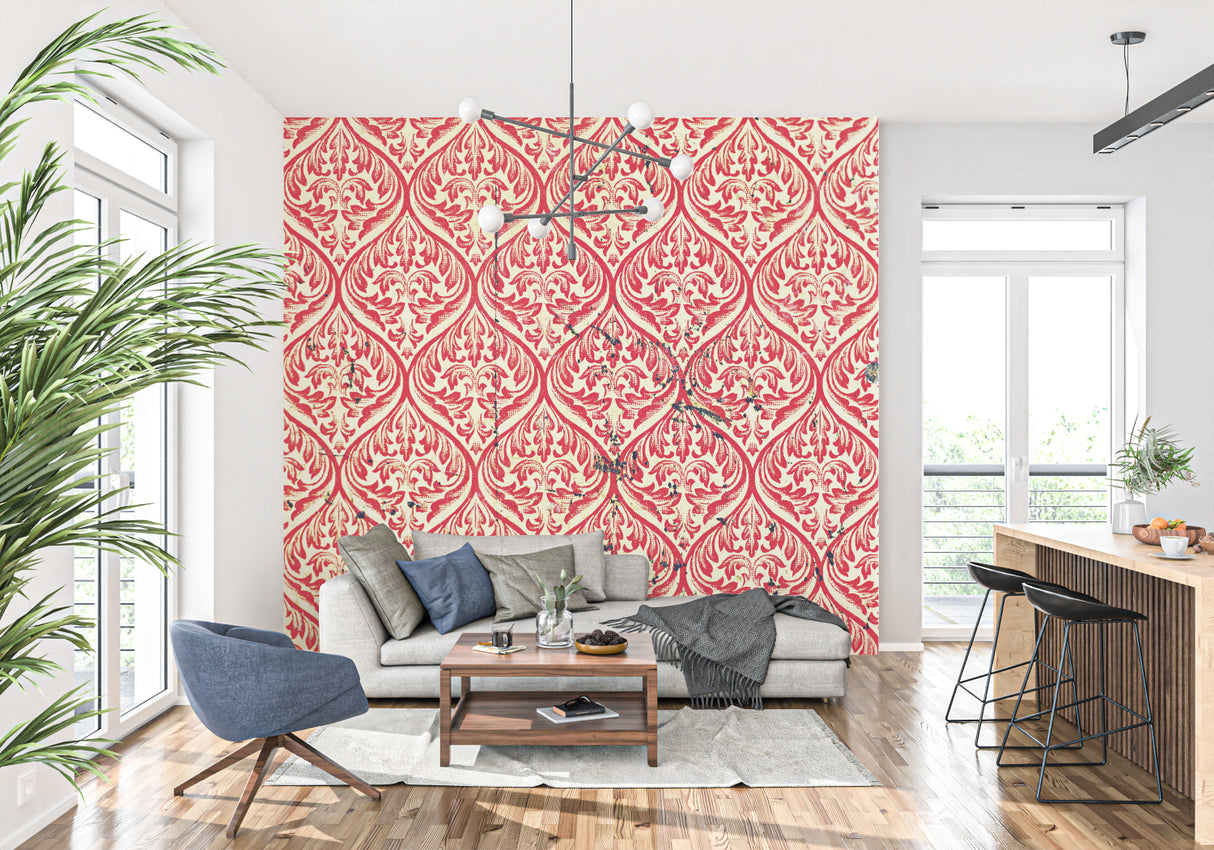 Classic damask wall mural brightening modern home office space
