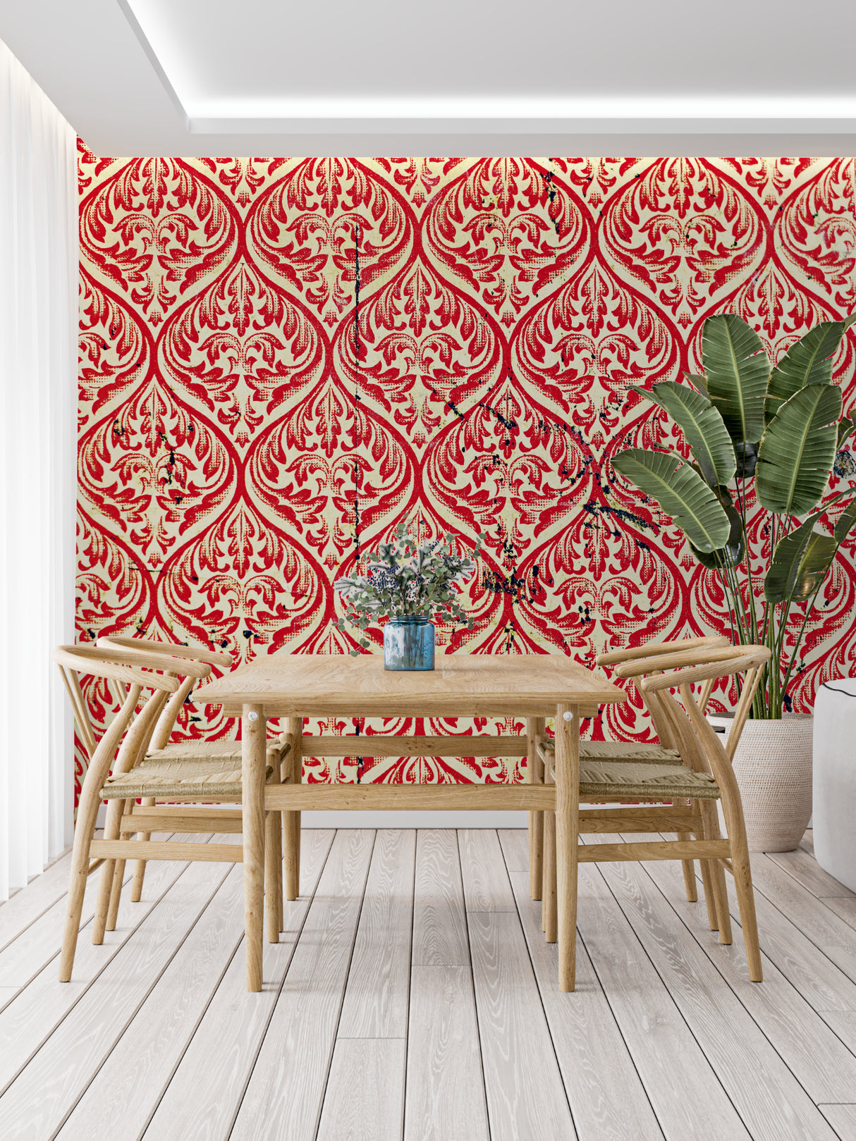 Red and cream damask pattern in contemporary hallway setting